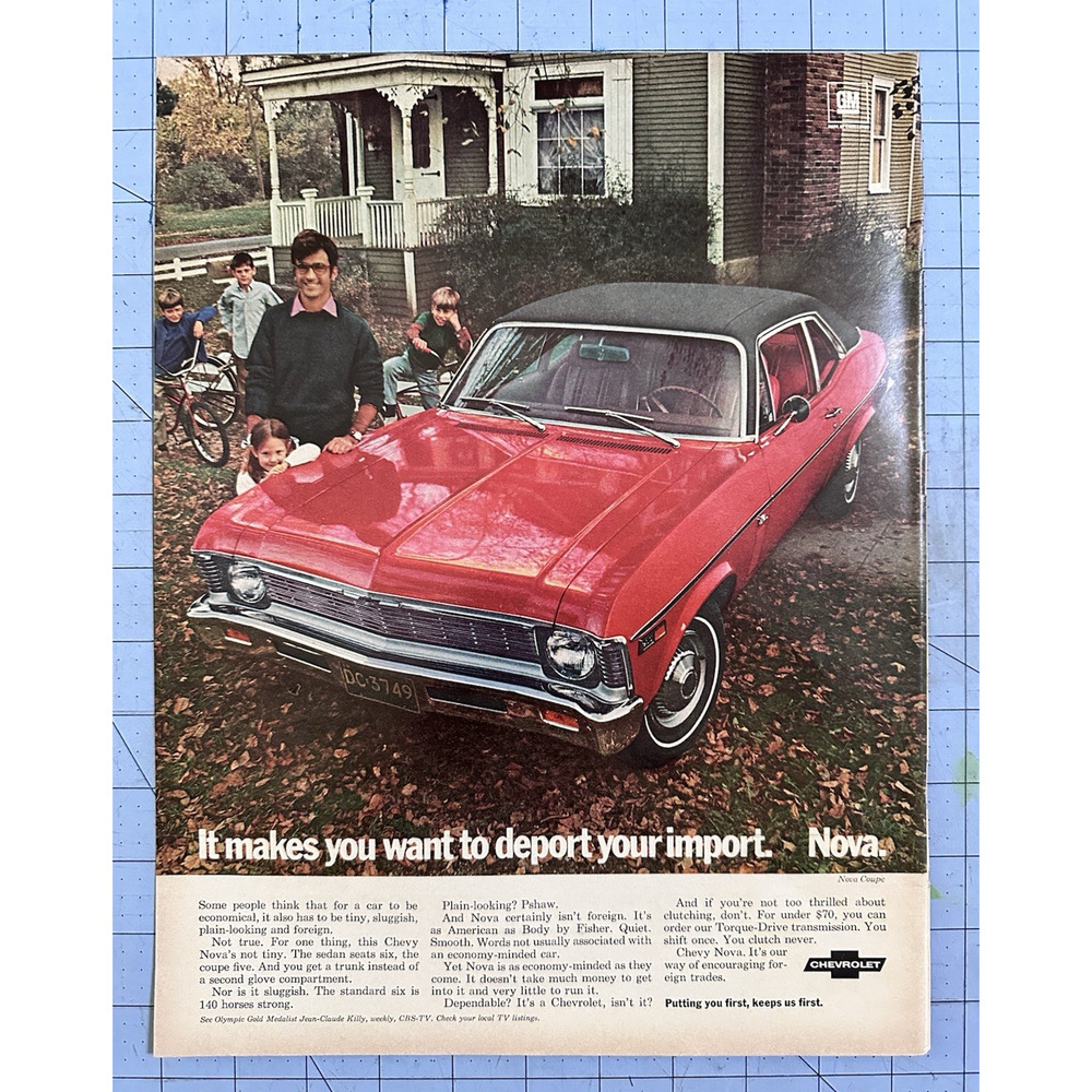 1969 Vintage Print Ad Car Chevrolet Chevy Nova Deport your Import